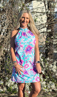 Pleated High Neck Dress - Bright Blooms