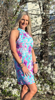 Pleated High Neck Dress - Bright Blooms