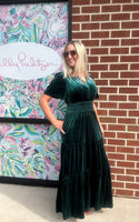 Velvet Short Sleeve Tiered Maxi Dress – Evergreen
