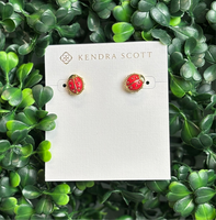 Ladybug Gold Stud Earrings in Red Vermillion Magnesite