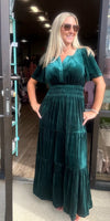 Velvet Short Sleeve Tiered Maxi Dress – Evergreen
