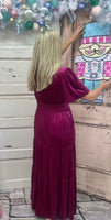 Velvet V-Neck Short Sleeve Maxi Dress - Red Dahlia