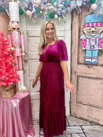 Velvet V-Neck Short Sleeve Maxi Dress - Red Dahlia