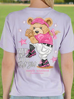 Simply Southern Tee
Bear Ball 
Give Me Your Best Shot 
Bear wearing softball uniform 
Printed on a lilac tee