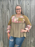 Olive Floral V-neck Top