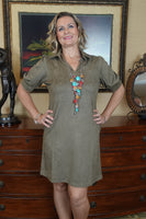 Suede Collared Dress - Olive