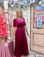 Velvet V-Neck Short Sleeve Maxi Dress - Red Dahlia
