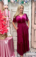 Velvet V-Neck Short Sleeve Maxi Dress - Red Dahlia