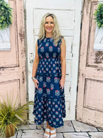 Ward Smocked Midi Dress - Navy