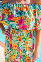 Unleash your resort radiance with our off the shoulder ruffle maxi dress. Show off your shoulders and enjoy the flowy, free-spirited feel of this must-have dress. Perfect for any occasion, our dress will have you looking and feeling your best. Get ready to turn heads and make a statement - effortlessly.