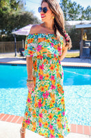 Unleash your resort radiance with our off the shoulder ruffle maxi dress. Show off your shoulders and enjoy the flowy, free-spirited feel of this must-have dress. Perfect for any occasion, our dress will have you looking and feeling your best. Get ready to turn heads and make a statement - effortlessly.