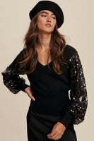 Black Sequin Sleeve V-neck Sweater