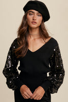 Black Sequin Sleeve V-neck Sweater