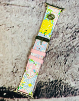 Silicone Apple Watch band with gold hardware and logo charm, fits 38–48mm cases and compatible with Series 1, 2, 3, 4, SE, and 6.