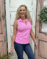 Beachtime sleeveless 1/4 zip tank with SPF sun protection and lightweight breathable fabric.
Pattern Features: Pink/Lime Green/White Floral Print