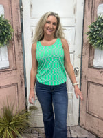 Classic sleeveless tank with a 24" back length. Stretchy, pre-shrunk, and easy to care for—perfect for layering or wearing solo in warm weather.
Features a Green/White/Navy Geometric Pattern