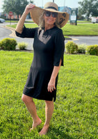 Introducing the Lulu-B Travel Dress! This dress is perfect for all your adventures with its SPF 50 fabric and quarter sleeves for sun protection. Pair it with the v-neck and side slits for a stylish and comfortable outfit. Get ready to travel in style and safety!