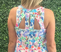 Sexy maxi dress with straight fit, cutout back detail, and UPF50 sun protection fabric for stylish summer wear.