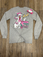 Gray long-sleeve shirt with Chicken Christmas Design. 
Southern Couture long sleeve tee 
Makin A List and Chicken On Long Sleeve Tee