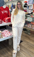 Sophie Jogger Set – Bows with white background and pink bow print, women’s cozy lounge jogger set by Mary Square.