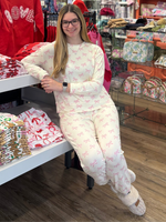 Sophie Jogger Set – Bows with white background and pink bow print, women’s cozy lounge jogger set by Mary Square.