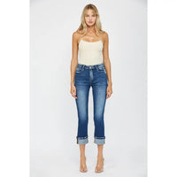 Mid Rise Cuffed Straight Leg Dark Wash Jean