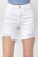 Risen - White High Rise Distressed Mid-Thigh Shorts