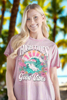 simply southern tee
printed on a washed pink tee 
front print tee 
high tides and good vibes 
features a flamingo, tropical flowers, birds and the ocean