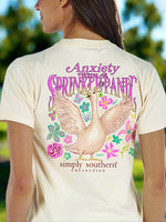 simply southern tee 
short sleeve tee
Features a goose with flowers around it with the saying "anxiety with a sprinkle of panic"
printed on a whisper white tee