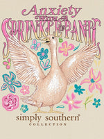simply southern tee 
short sleeve tee
Features a goose with flowers around it with the saying "anxiety with a sprinkle of panic"