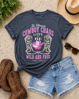 Simply Southern Front Pattern Tee
saying on tee "the ultimate cowboy chaos love to be wild and free"
features two cowgirl boots graphics with saying around it