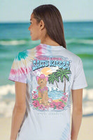 simply southern tee
beach cowgirl salty kisses 
printed on a tie dye tee 
features tropical scene with a dog wearing a cowgirl hat, palm trees, tropical flowers and the ocean.