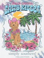simply southern tee
beach cowgirl salty kisses 
printed on a tie dye tee 
features tropical scene with a dog wearing a cowgirl hat, palm trees, tropical flowers and the ocean.