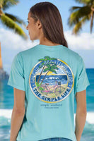 Simply Southern Tee 
Printed on an aqua tee 
features an ocean scene with a bike and palm trees, has the saying "life is a beautiful ride; The Simple Life"