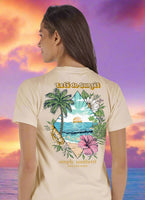 Simply Southern Tee
features the saying "Let's do sunset", tropical beach print with palm trees, sunset and the ocean. 
Printed on a sun yellow tee
