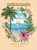 Simply Southern Tee
features the saying "Let's do sunset", tropical beach print with palm trees, sunset and the ocean. 
Printed on a sun yellow tee