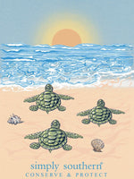 simply southern tee
tracking turtle tee 
printed on a dule color shirt 
features three turtles, sunset and ocean