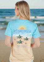 simply southern tee
tracking turtle tee 
printed on a dule color shirt 
features three turtles, sunset and ocean