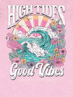 simply southern tee
printed on a washed pink tee 
front print tee 
high tides and good vibes 
features a flamingo, tropical flowers, birds and the ocean