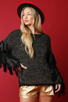 Black Shiny Fringed Sleeves Knit Sweater