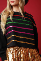 Black Multicolor Sequin Striped Cropped Sweatshirt