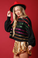 Black Multicolor Sequin Striped Cropped Sweatshirt