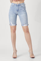 Risen - Light Wash High-Rise Distressed Raw Hem Bermuda Short