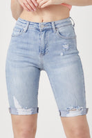 Risen - Light Wash High-Rise Distressed Raw Hem Bermuda Short