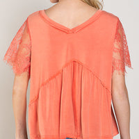 Coral Lace Sleeve Knit Top