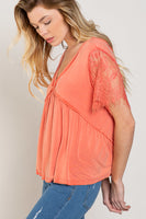 Coral Lace Sleeve Knit Top
