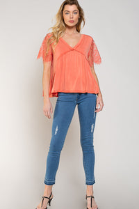 Coral Lace Sleeve Knit Top