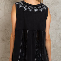 Black Knit Tank Top with Lace Detail