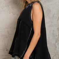 Black Knit Tank Top with Lace Detail