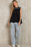 Black Knit Tank Top with Lace Detail
